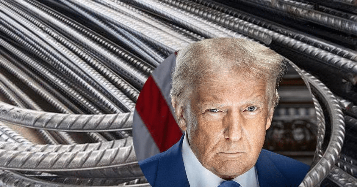 Varillas de acero con recuadro de rostro humano, simbolizando el impacto de los aranceles en la industria siderúrgica.