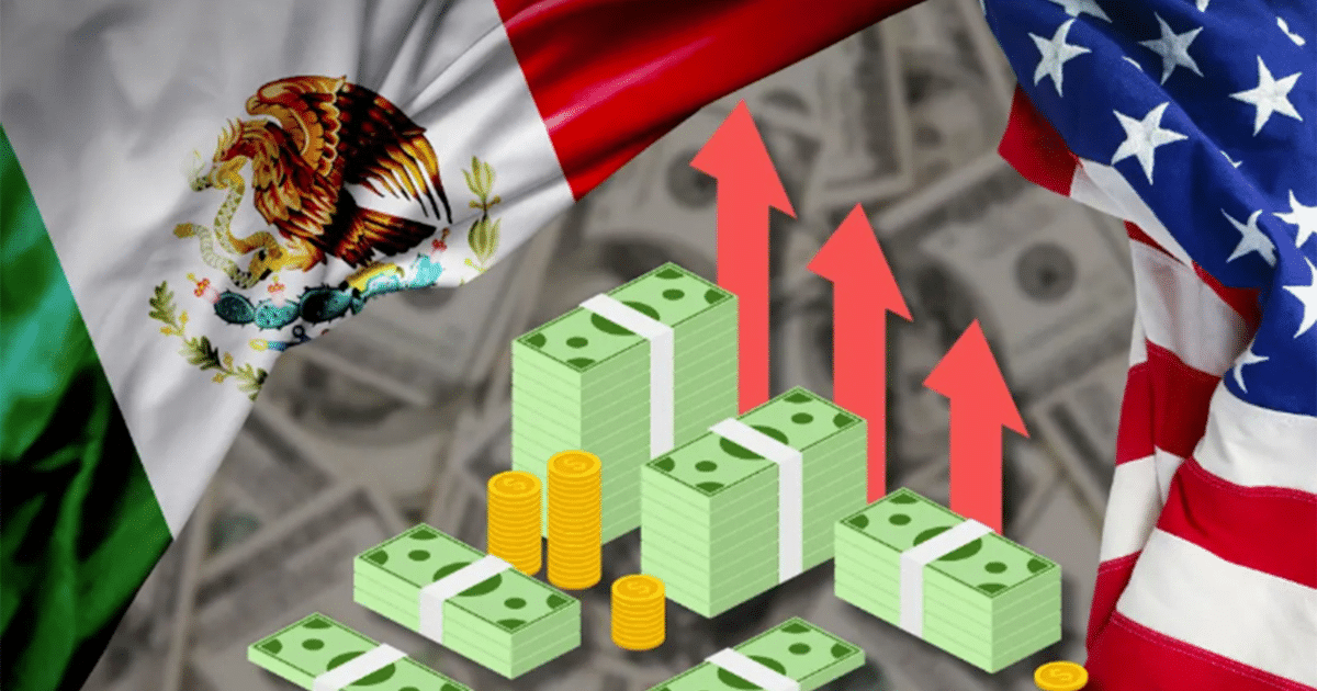 Banderas de México y Estados Unidos con billetes y monedas, simbolizando tensiones comerciales y medidas arancelarias.