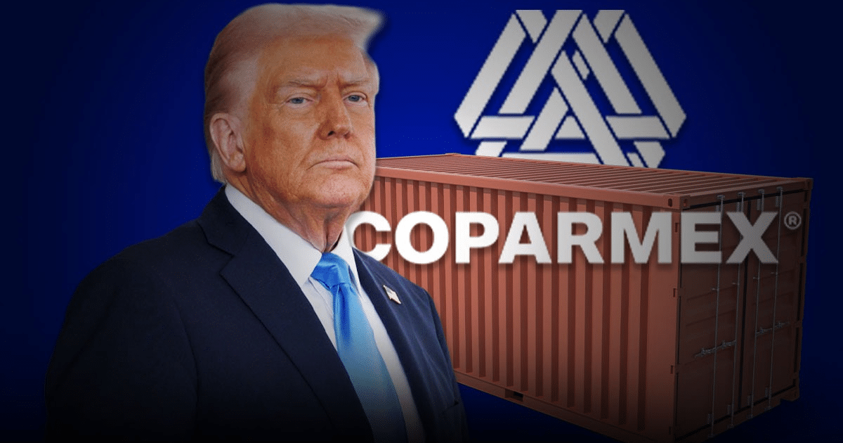 Individuo con contenedor de carga y logotipo de COPARMEX, simbolizando crítica a aranceles del 25% por EE.UU.