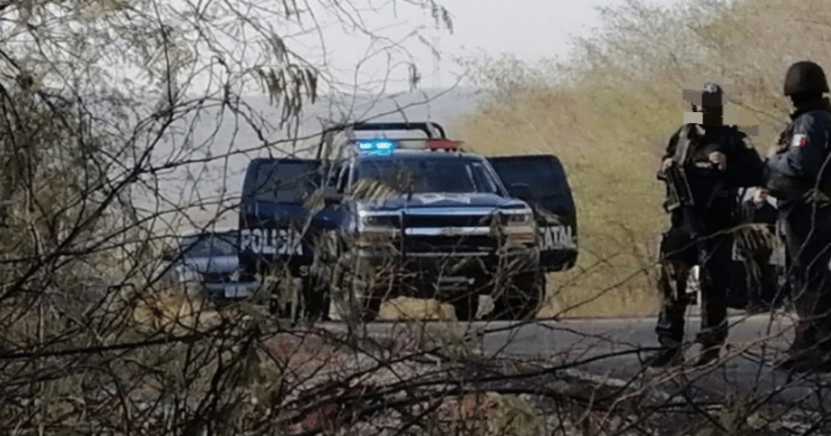 Vehículo policial con luces encendidas y agentes armados en un área boscosa de Badiraguato.