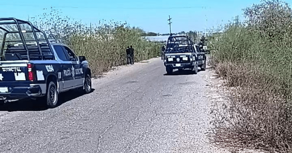 Dos vehículos policiales estacionados en una calle con personas al fondo y vegetación baja, en relación con un incidente en Culiacán.