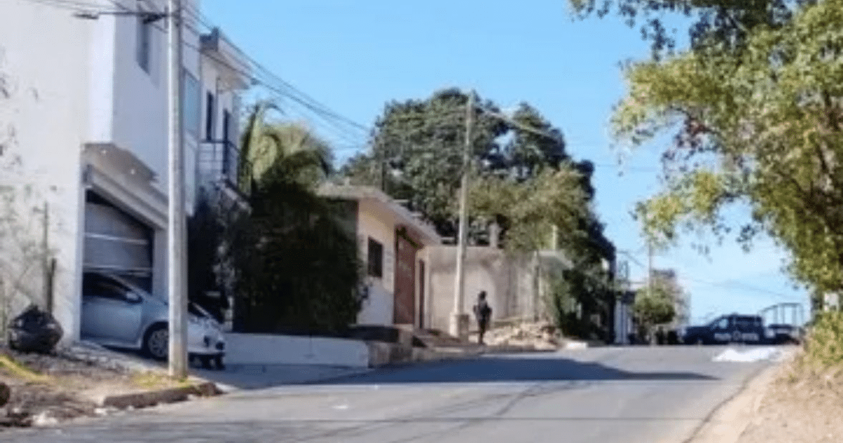 Calle residencial en Culiacán con casas, un vehículo policial y una persona caminando bajo un cielo azul.