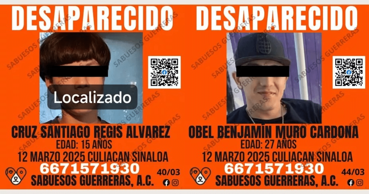Cartel de personas desaparecidas con información de Cruz Santiago y Obel Benjamin, relacionados con un caso en Culiacán.