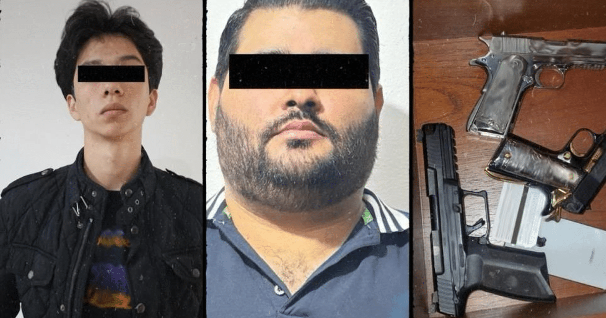 Dos personas con rostros cubiertos y armas de fuego incautadas en operativo de Culiacán