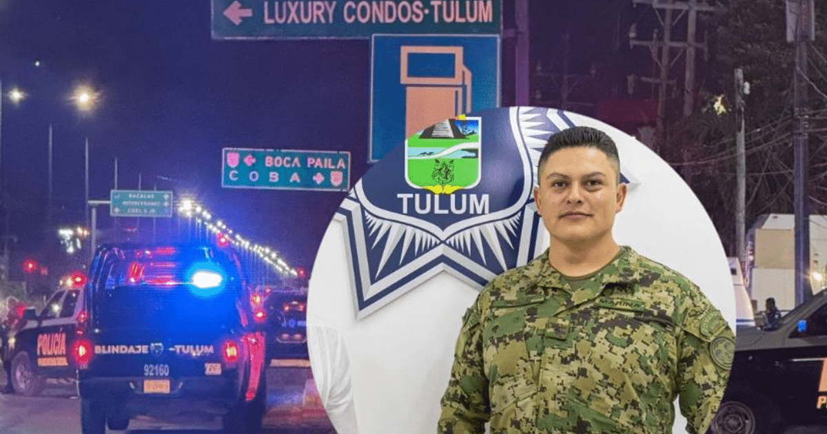 Entorno urbano nocturno en Tulum con vehículos policiales y oficial de seguridad tras incidente armado.