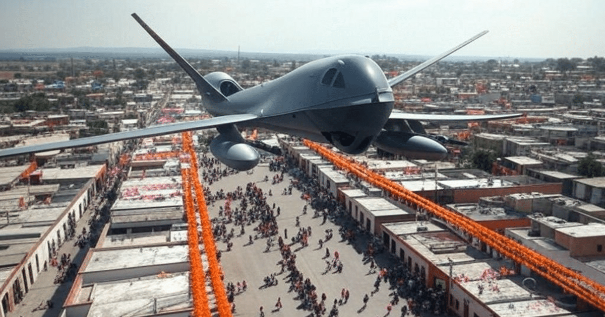 Dron volando sobre una calle decorada con hilo naranja durante una celebración urbana.