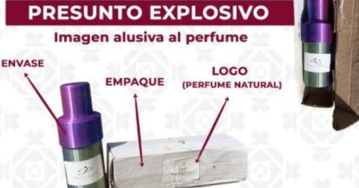 Gráfico de envase de perfume con etiquetas de seguridad y advertencia de presunto explosivo.