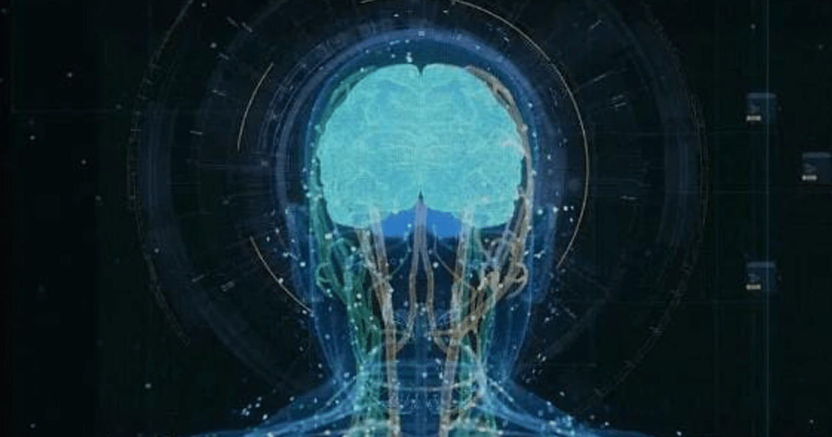 Ilustración de un cerebro humano azul con conexiones neuronales en un fondo oscuro.