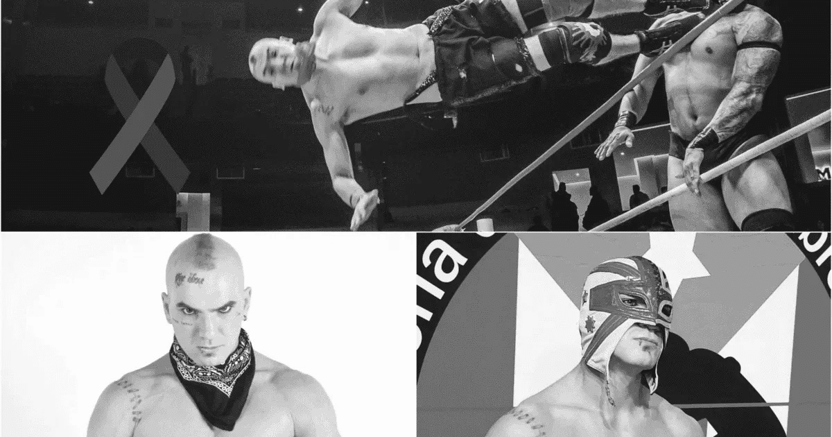 Luchador en acción y homenaje a Australian Suicide en blanco y negro