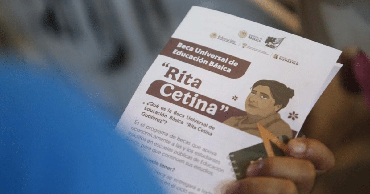 Folleto de la Beca Rita Cetina con ilustración de mujer y herramientas de escritura