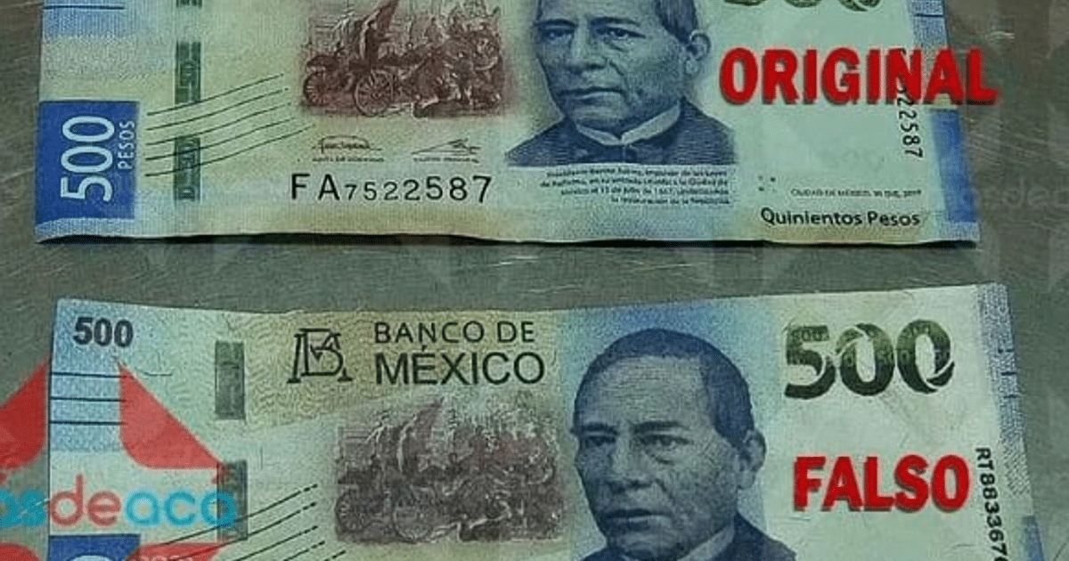 Comparación de billetes de 500 pesos mexicanos, original y falso, con inscripciones de autenticidad.