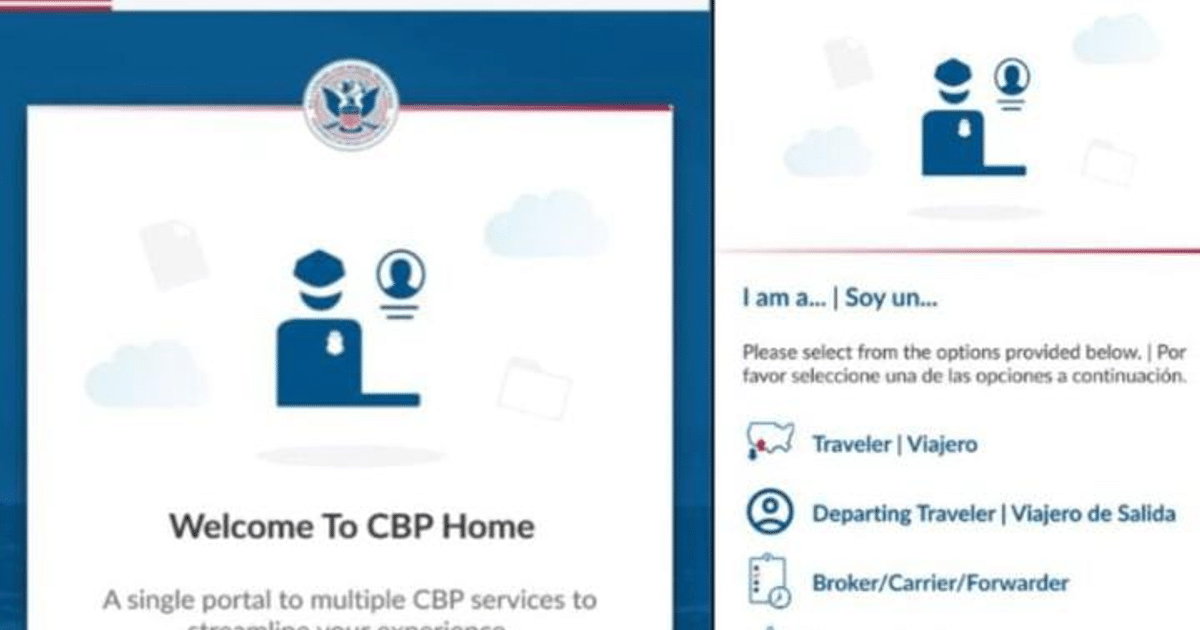 Interfaz de bienvenida de la aplicación CBP Home con opciones de perfil para viajeros y transportistas.