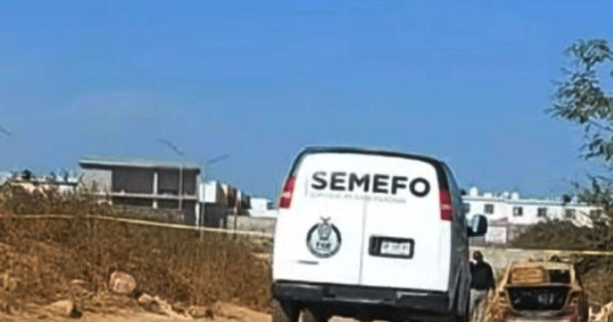 Furgoneta del SEMEFO en un área con hierba seca y un vehículo dañado, bajo un cielo despejado.