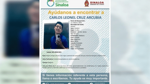 Cartel de búsqueda de Carlos Leonel Cruz Arcubia con detalles de su desaparición y contactos para información.