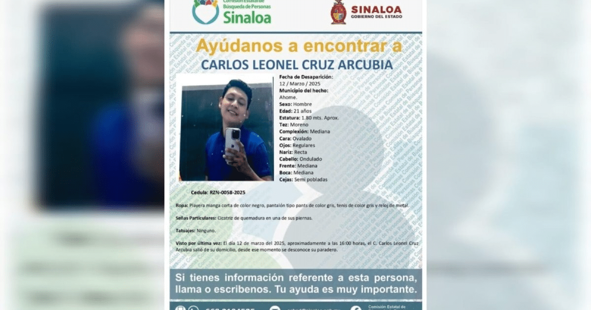 Cartel de búsqueda de Carlos Leonel Cruz Arcubia con detalles de su desaparición y contactos para información.