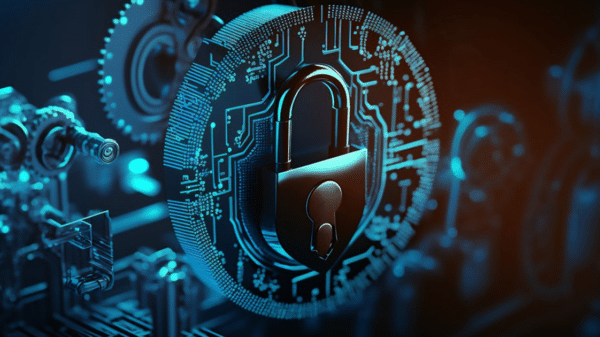 Gráfico digital de un candado sobre circuitos electrónicos, simbolizando seguridad cibernética y blockchain.