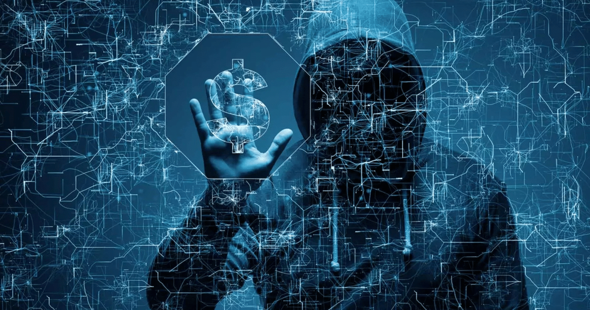 Figura encapuchada con símbolo de dólar digital en un fondo azul tecnológico, simbolizando ciberseguridad y hacking.
