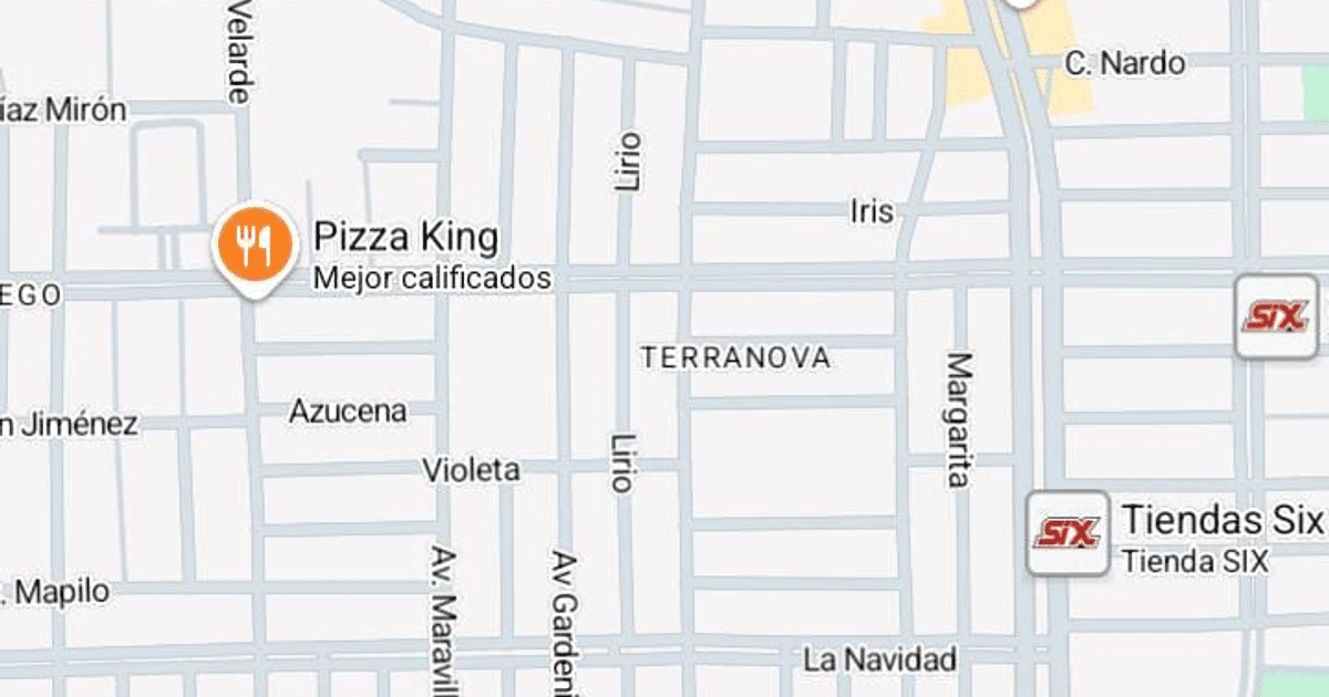 Mapa de Culiacán con calles y puntos de interés, incluyendo 'Pizza King' y el Seguro Social de Terranova.