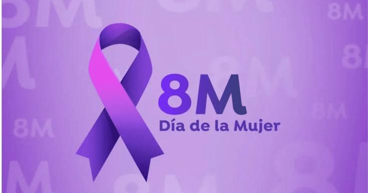 Imagen con fondo morado, texto '8M' y 'Día de la Mujer', y un lazo morado, símbolo de la lucha por los derechos de las mujeres.