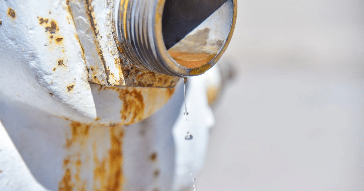 Válvula metálica oxidada con goteo de agua, representando la crisis hídrica en Ahome.