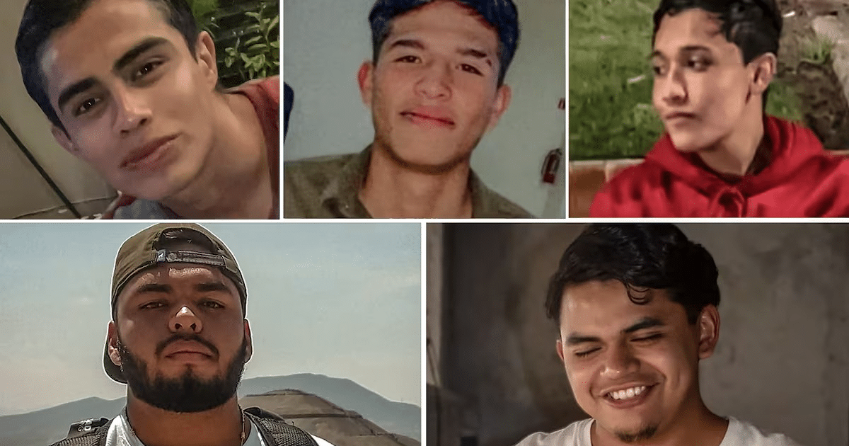 Collage de cinco retratos de jóvenes desaparecidos en Lagos de Moreno, Jalisco, con diversas expresiones y entornos.