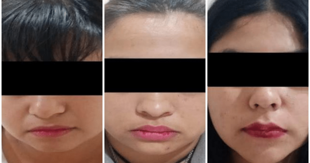 Retratos de tres mujeres con labios rojos y ojos cubiertos, relacionadas con detenciones en Culiacán.