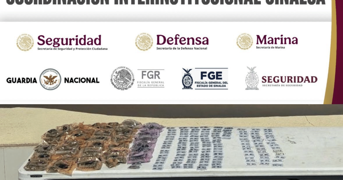 Presentación de decomiso de drogas en Mazatlán con logos de instituciones de seguridad y paquetes sospechosos.