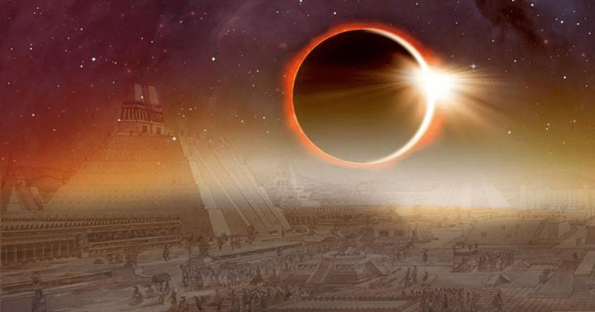 Eclipse solar sobre estructuras antiguas con cielo estrellado