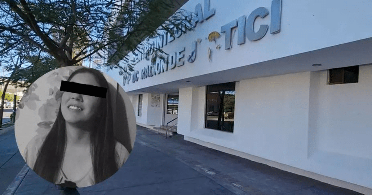 Edificio de justicia en Los Mochis con foto de persona en blanco y negro, árboles y camino al fondo.