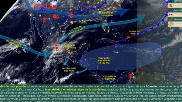 Mapa meteorológico de México mostrando corrientes en chorro y sistemas de presión