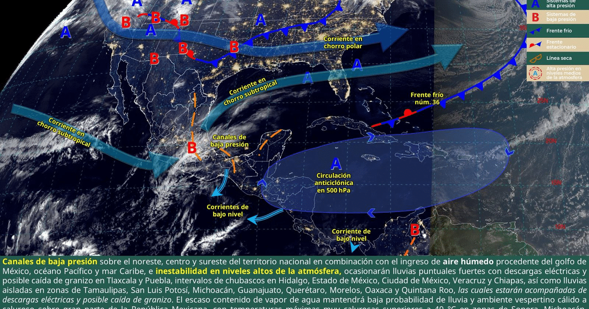 Mapa meteorológico de México mostrando corrientes en chorro y sistemas de presión