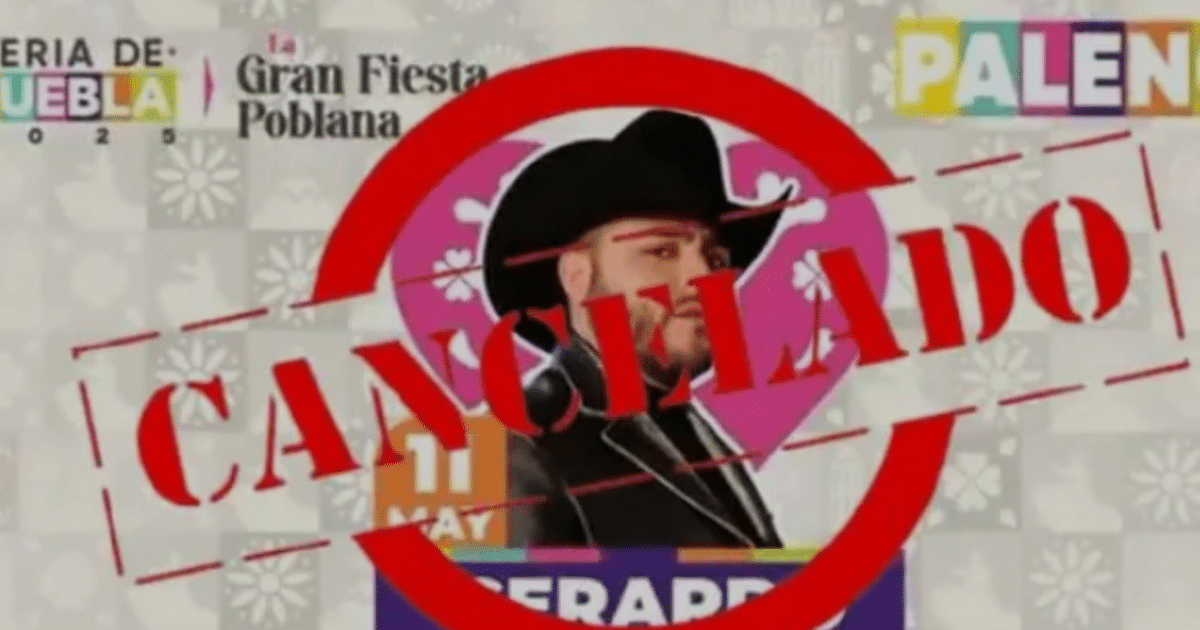 Anuncio cancelado de 'La Gran Fiesta Poblana' 2025 con fondo colorido y fecha 11 de mayo.
