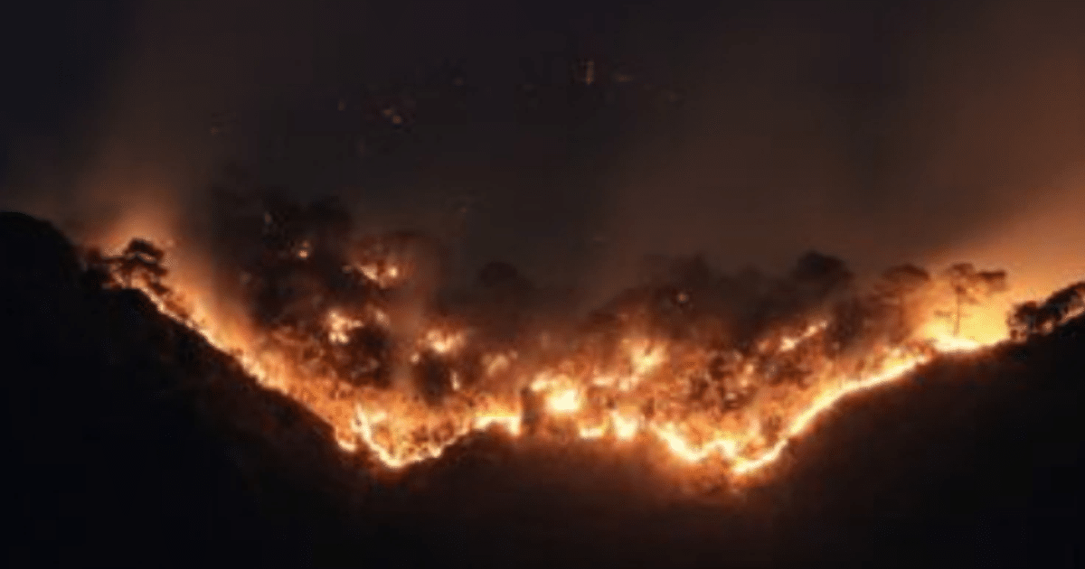 Incendio forestal en Tepozteco con llamas intensas y humo en la noche