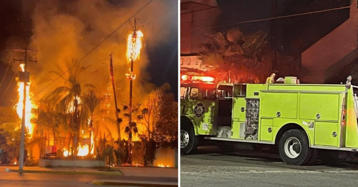 Incendio en edificio abandonado en Guasave con camión de bomberos amarillo en escena