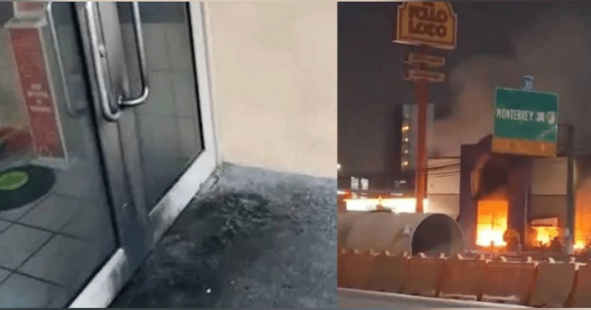 Imagen de incendios en sucursales de comida rápida en Nuevo León, mostrando una tienda y un edificio en llamas con humo.