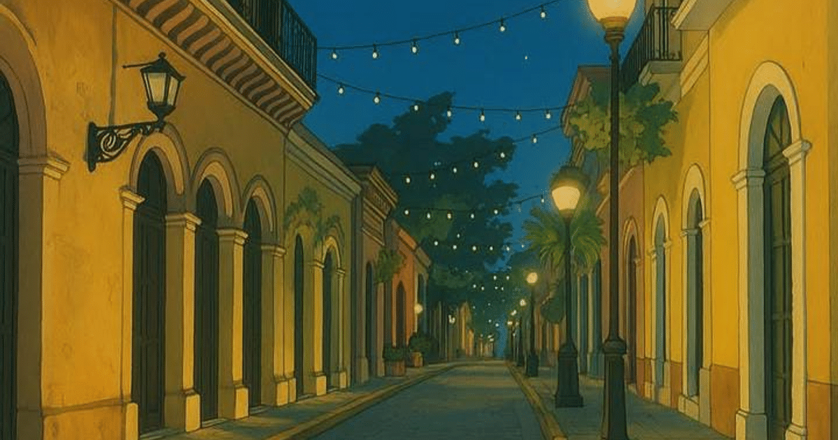 Calle nocturna iluminada con faroles y luces decorativas, transformada al estilo Ghibli por IA.