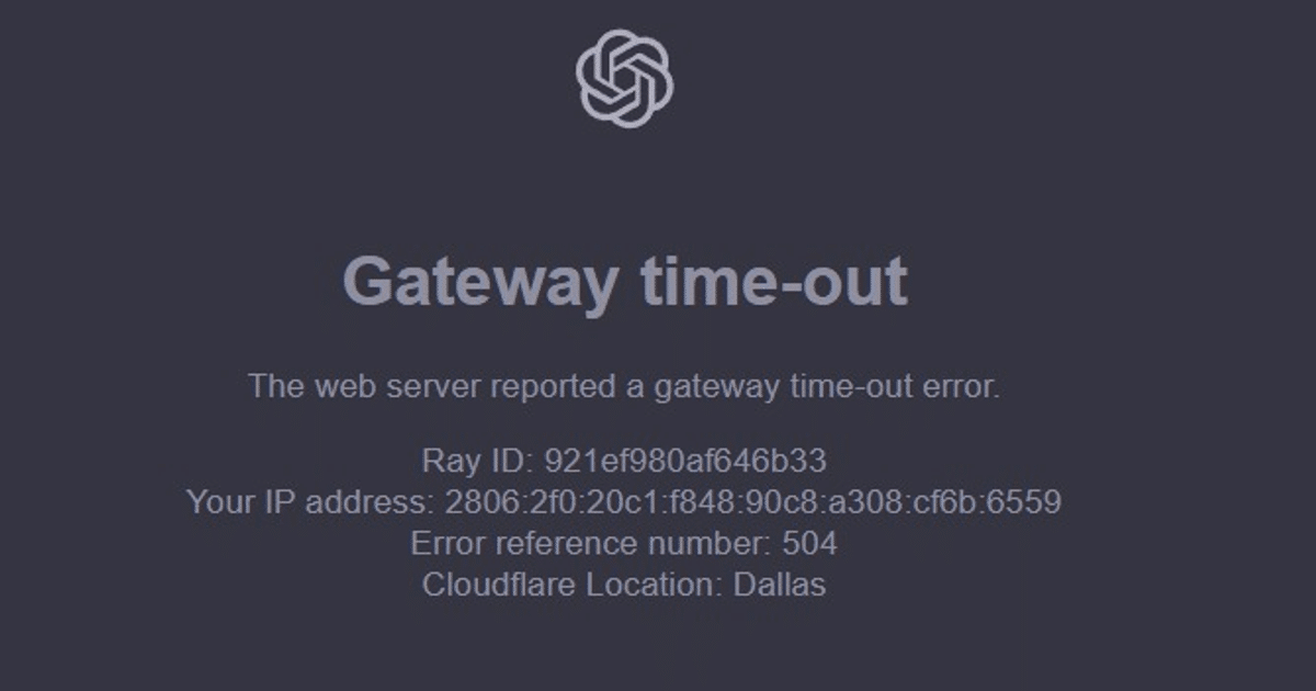 Mensaje de error de tiempo de espera de puerta de enlace en ChatGPT, mostrando ID de Ray, dirección IP y ubicación de Cloudflare en Dallas.