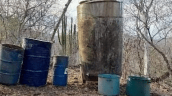 Barriles azules en entorno natural, relacionados con laboratorios clandestinos en Sinaloa.