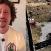 Youtuber hablando sobre el caso Teuchitlán junto a una vista aérea de un rancho.