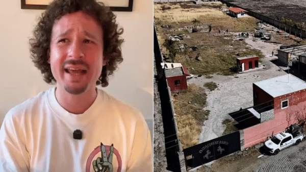 Youtuber hablando sobre el caso Teuchitlán junto a una vista aérea de un rancho.