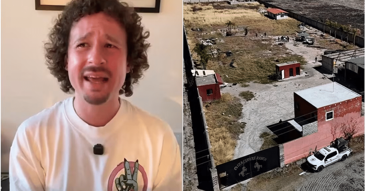 Youtuber hablando sobre el caso Teuchitlán junto a una vista aérea de un rancho.