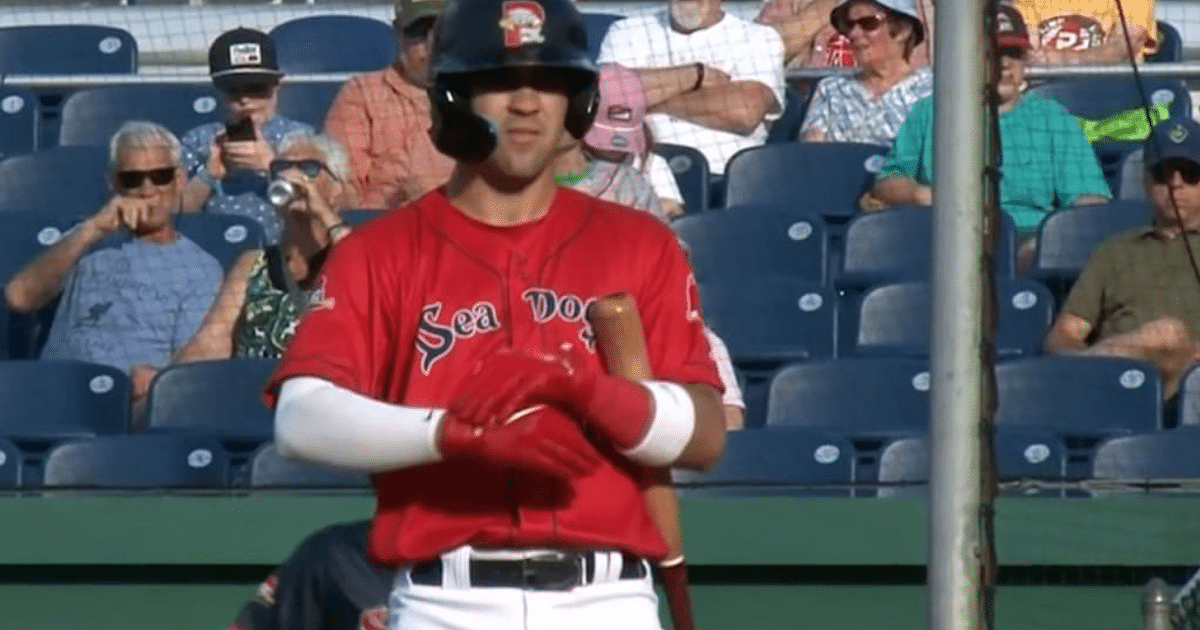 Jugador de béisbol de los Sea Dogs en el plato de bateo con espectadores al fondo