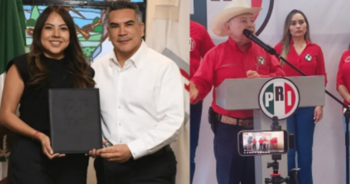 Mujer y hombre en evento formal con bandera de México; hombre hablando en podio del PRD rodeado de personas con camisetas rojas.