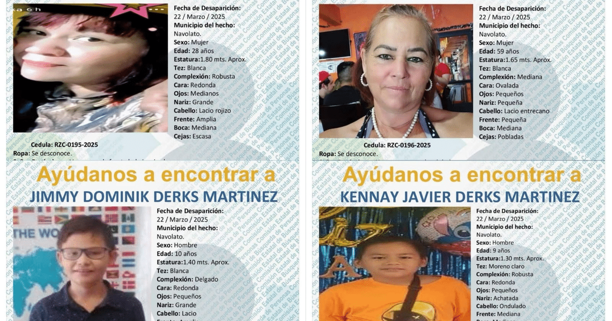 Carteles de búsqueda de personas desaparecidas en Navolato, Sinaloa, con detalles personales y un llamado a la comunidad para ayudar en su localización.