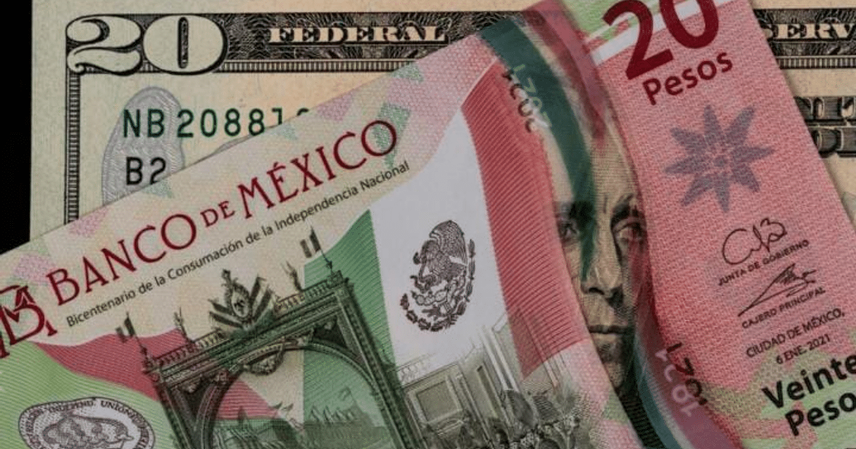 Billetes de 20 pesos mexicanos y 20 dólares estadounidenses superpuestos, mostrando sus diseños distintivos.