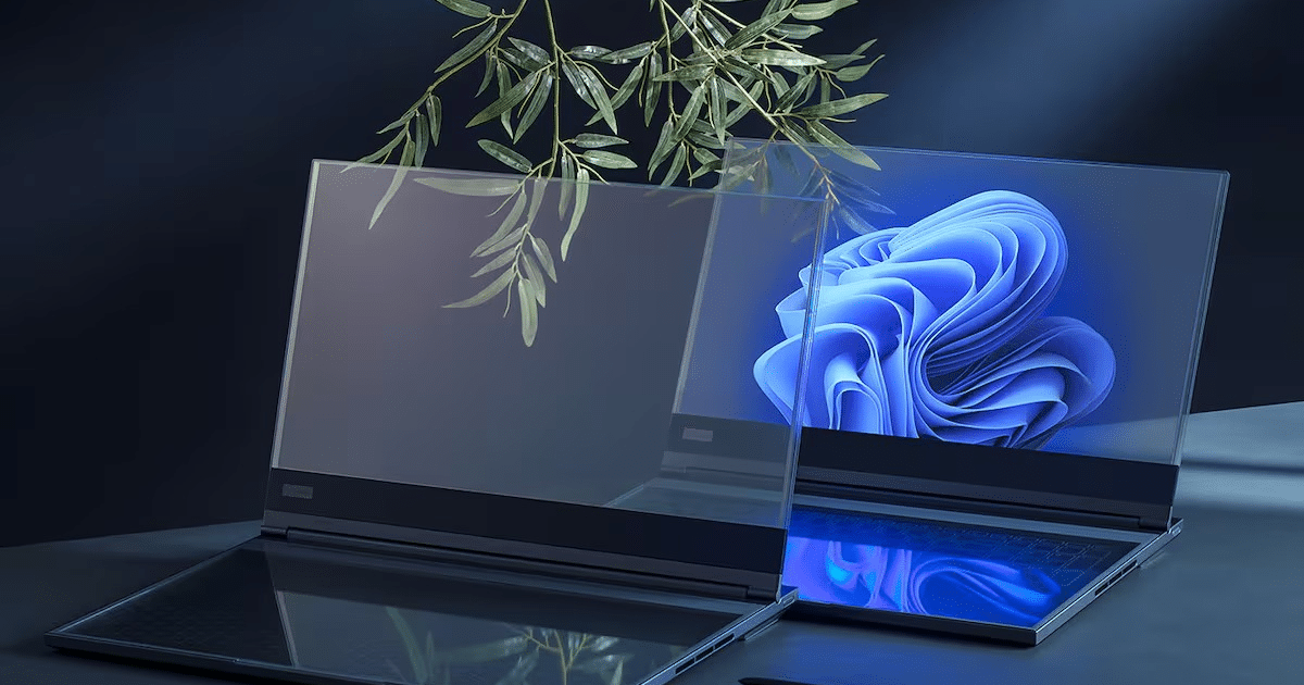 Dos laptops con pantallas transparentes y una rama de hojas verdes superpuesta, mostrando un diseño de Windows en una de las pantallas.