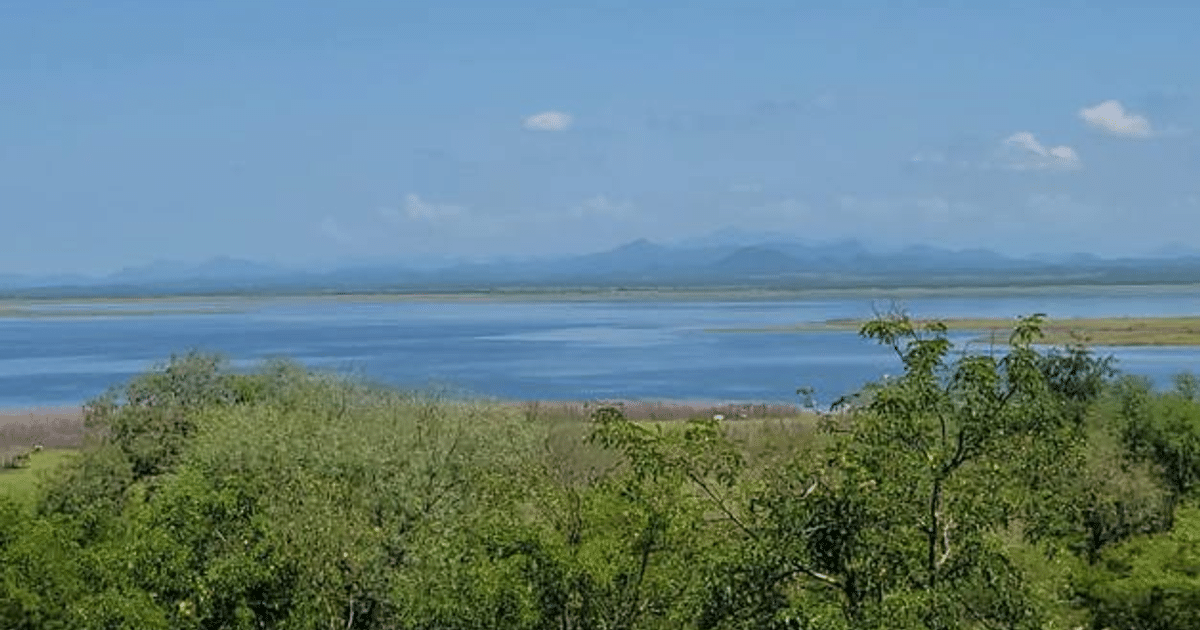 Vista de un lago rodeado de vegetación y montañas en Sinaloa, con un cielo despejado y nubes.