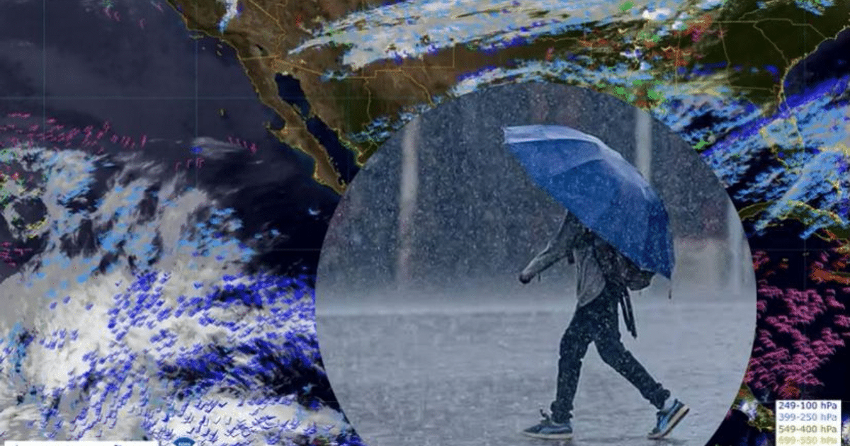 Mapa meteorológico de América del Norte y el océano Pacífico con áreas de nubes y una persona bajo la lluvia con un paraguas azul.