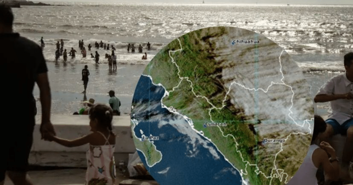 Familias disfrutando de un día soleado en la playa de Sinaloa, México, con un mapa superpuesto de la región.