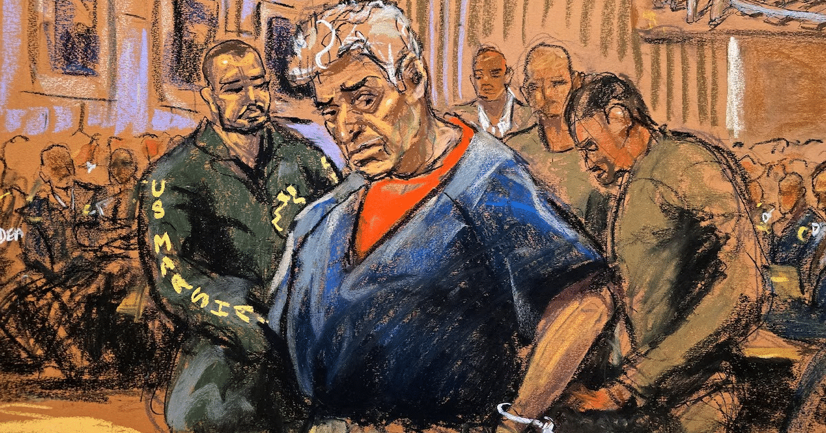 Boceto de la audiencia judicial de Rafael Caro Quintero en Nueva York, con figura central y guardias.